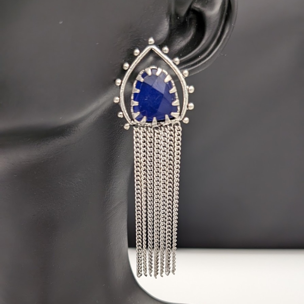Dangle Long color stone frame Silver Earrings
